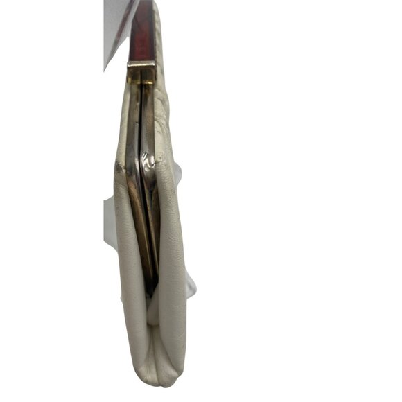 Vintage White Leather Clutch Purse Brown Lucite Handle & Gold Chain - Picture 4 of 13